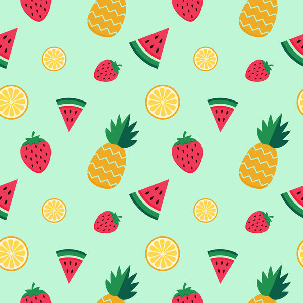 Summer bright color seamless pattern with watermelon, strawberry, lemon and pineapple