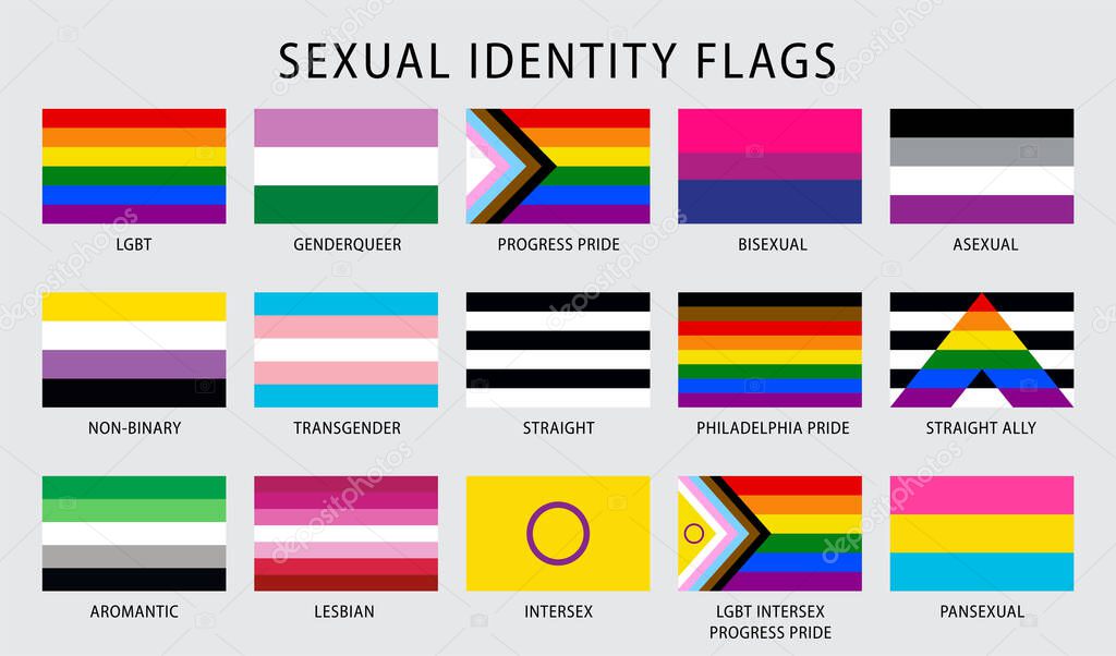 LGBT sexual identity pride flags collection. Rainbow lesbian gay bisexual transgender non binary