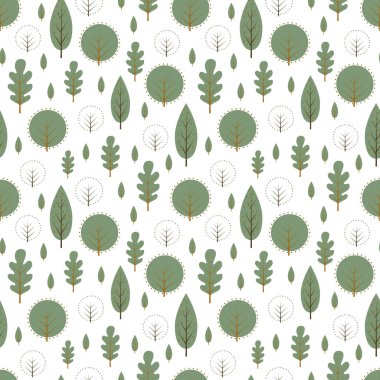 Dekoratif yaprakları seamless modeli. Şirin doğa ağaçlar ile arka plan. İskandinav tarzı orman vektör çizim. Dizayn Tekstil, duvar kağıdı, kumaş için