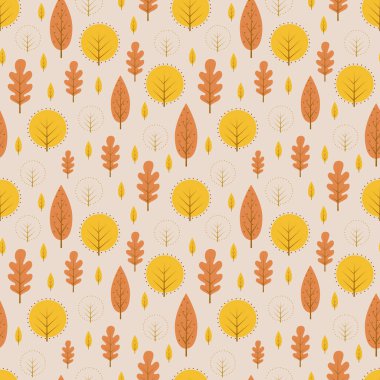 Dekoratif yaprakları seamless modeli. Şirin doğa ağaçlar ile arka plan. İskandinav tarzı orman vektör çizim. Dizayn Tekstil, duvar kağıdı, kumaş için