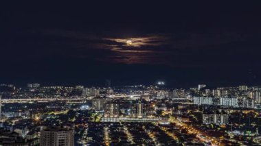 Şehir ışığından yükselen dolunayın hızlandırılmış görüntüleri 