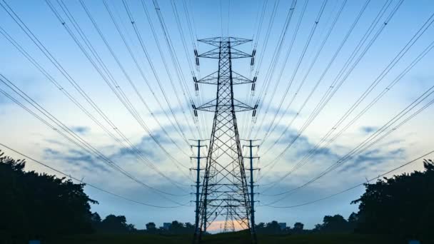 Time Lapse Sunrise Transmission Electricity Steel Pylon Tower Green Energy — Vídeos de Stock