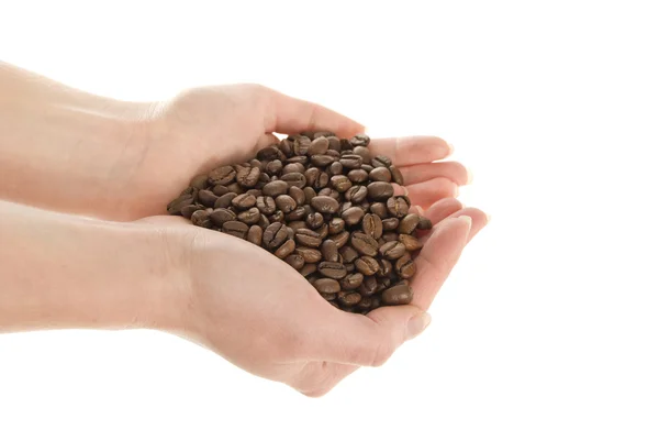 Mãos com grãos de café isolados em branco — Fotografia de Stock