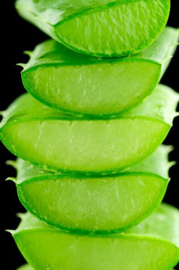 aloe yaprak siyah arka plan üzerine izole dilimlenmiş. Makro