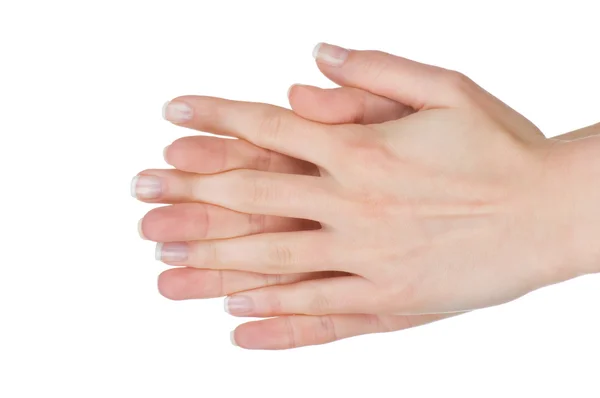 Mãos femininas com manicure francês isolado no fundo branco — Fotografia de Stock