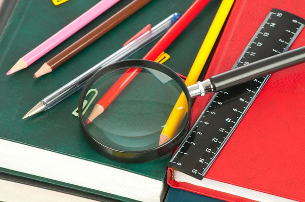 Back to school.Book heap and color pencils — Stock Photo, Image