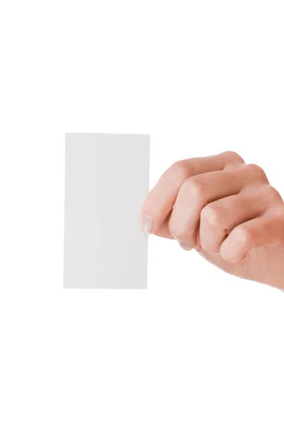 手和一张卡片上白色隔离 — 图库照片