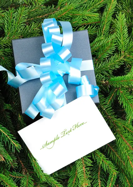 Gift box with blue ribbon on pine branches — Stock Photo, Image