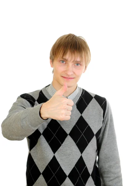 Feliz hombre guapo mostrando pulgares hacia arriba aislado en blanco. Céntrate en la mano — Foto de Stock