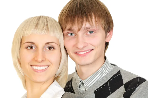 Feliz jovem casal isolado no fundo branco — Fotografia de Stock