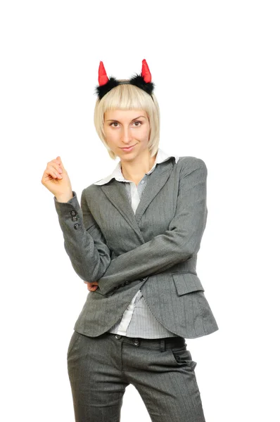 Portrait of a beautiful young woman in devils horns — Stock Photo, Image