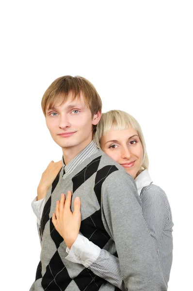 Feliz jovem casal isolado no fundo branco — Fotografia de Stock
