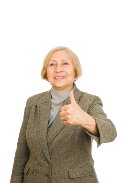 Portret szczęśliwy senior kobiety Wyświetlono kciuk w — Zdjęcie stockowe