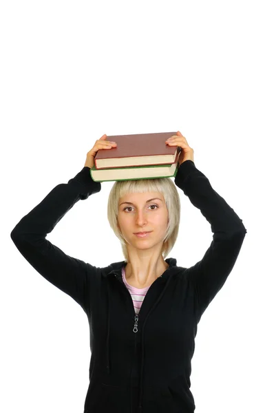 Mujer joven con montón de libros — Foto de Stock