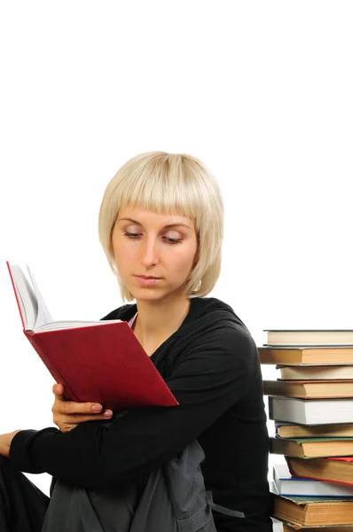 Young woman with book heap — Stock Photo, Image