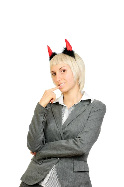 Portrait of a beautiful young woman in devils horns — Stock Photo, Image