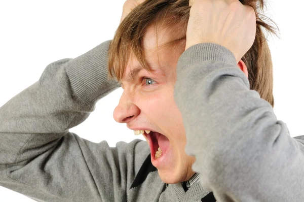 Porträt eines wütenden gestressten Mannes, der isoliert auf weißem Hintergrund schreit — Stockfoto