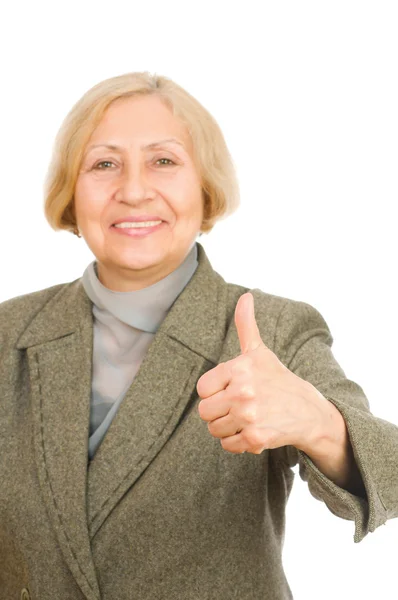 Retrato de una mujer mayor feliz mostrando el pulgar hacia arriba — Foto de Stock