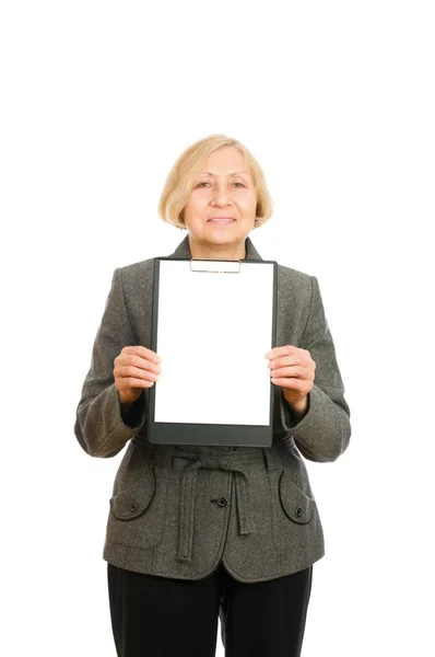 Senior woman holding a clipboard — Stock Photo, Image