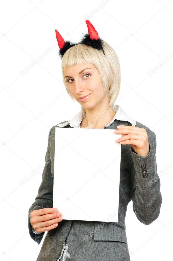 Blond woman in devils horns holding card isolated on white background