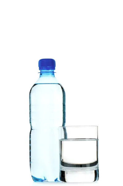 Bottled water and glass isolated on white background — Stock Photo, Image