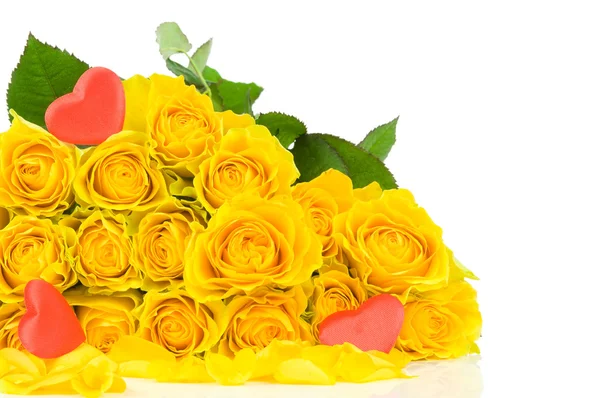 Yellow roses with heart isolated on white background — Stock Photo, Image