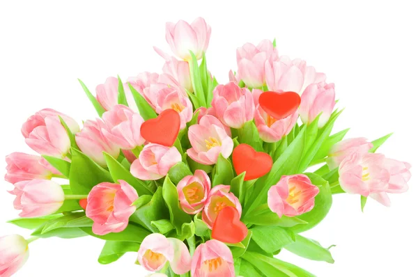Tulipes avec coeur rouge isolé sur fond blanc — Photo