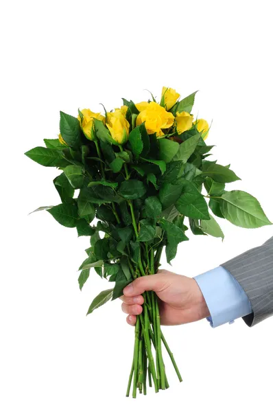 Homem mão segurando monte de rosas amarelas isolado no fundo branco — Fotografia de Stock