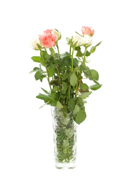 孤立在白色背景上的花瓶中的玫瑰捧花 — 图库照片