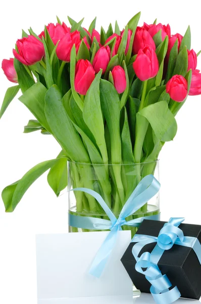 Tulipany i pudełko z niebieską wstążką na białym tle — Zdjęcie stockowe