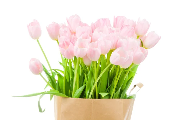 Tulpen in papieren zak tegen witte achtergrond — Stockfoto