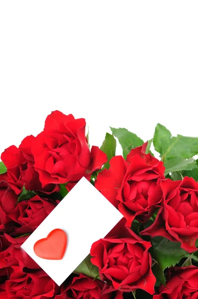 Ramo de rosas rojas una tarjeta de felicitación aislada sobre fondo blanco — Foto de Stock