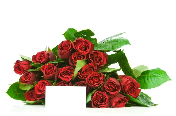 Bunch of red roses an greeting card isolated on white background — Stock Photo, Image