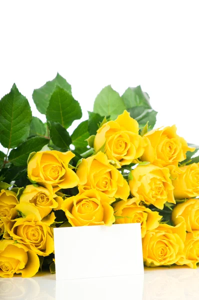 Yellow roses with greeting card — Stockfoto