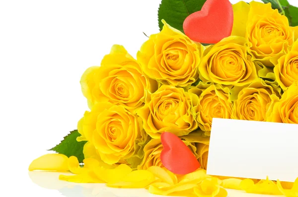 Yellow roses with red hearts and greeting card — Stock Photo, Image
