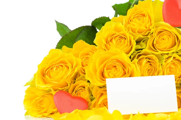 Yellow roses with red hearts and greeting card — Stock Photo, Image