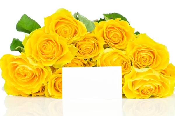 Yellow roses with greeting card — Stockfoto