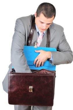 beyaz izole Yöneticisi ve deri evrak çantası