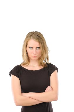 Beyaz arka plan üzerinde izole kahverengi elbiseli seksi sarışın kadın