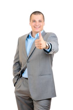 İşadamı baş parmağını gösteriyor