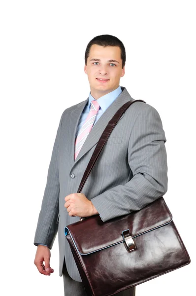Manager and leather briefcase isolated on white background — Stock Photo, Image