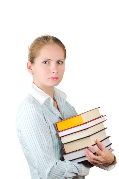 Woman with pile of books — Stock Photo, Image