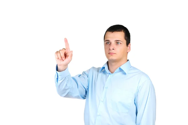 Mann zeigt mit dem Finger isoliert auf Weiß — Stockfoto