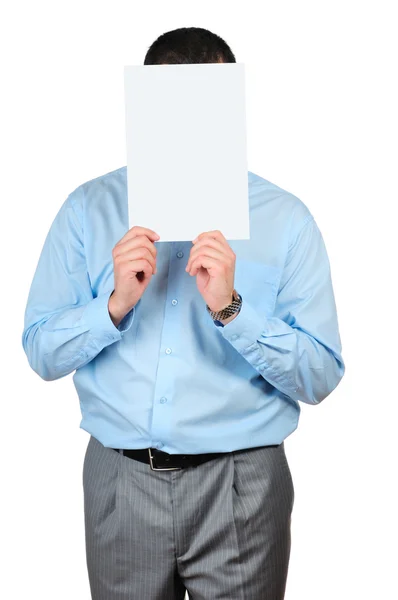 Hombre sosteniendo una pancarta en blanco — Foto de Stock