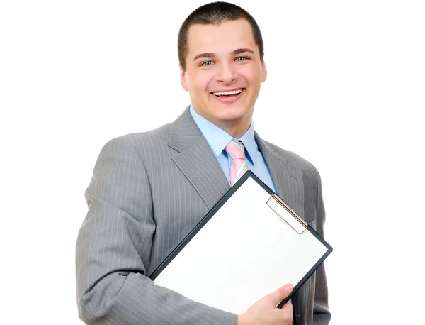 Businessman holding clipboard — Stock Photo, Image