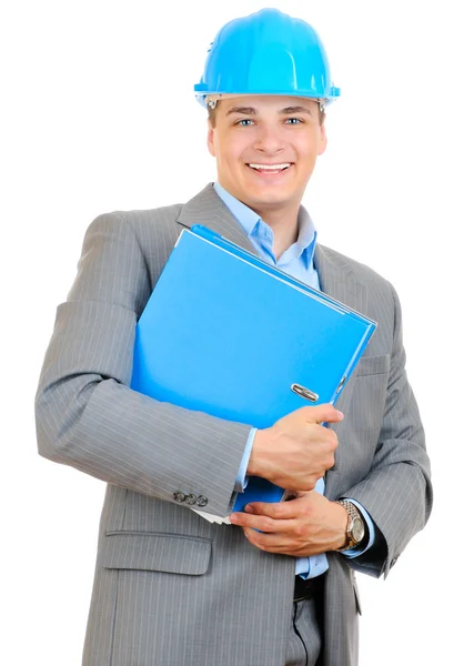 Engenheiro com chapéu duro azul segurando pasta isolada no fundo branco — Fotografia de Stock