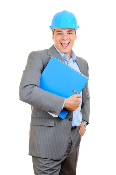 Ingeniero con carpeta de sujeción de sombrero duro azul aislado sobre fondo blanco — Foto de Stock