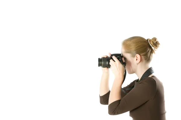 Kobieta trzyma aparat fotograficzny — Zdjęcie stockowe