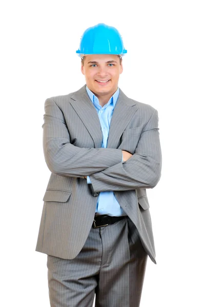 Happy engineer with blue hard hat — Stock Photo, Image