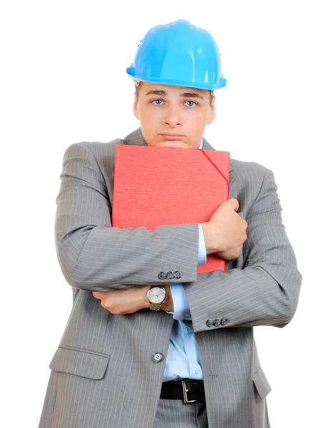 Ingeniero con carpeta de sujeción de sombrero duro azul aislado sobre fondo blanco —  Fotos de Stock